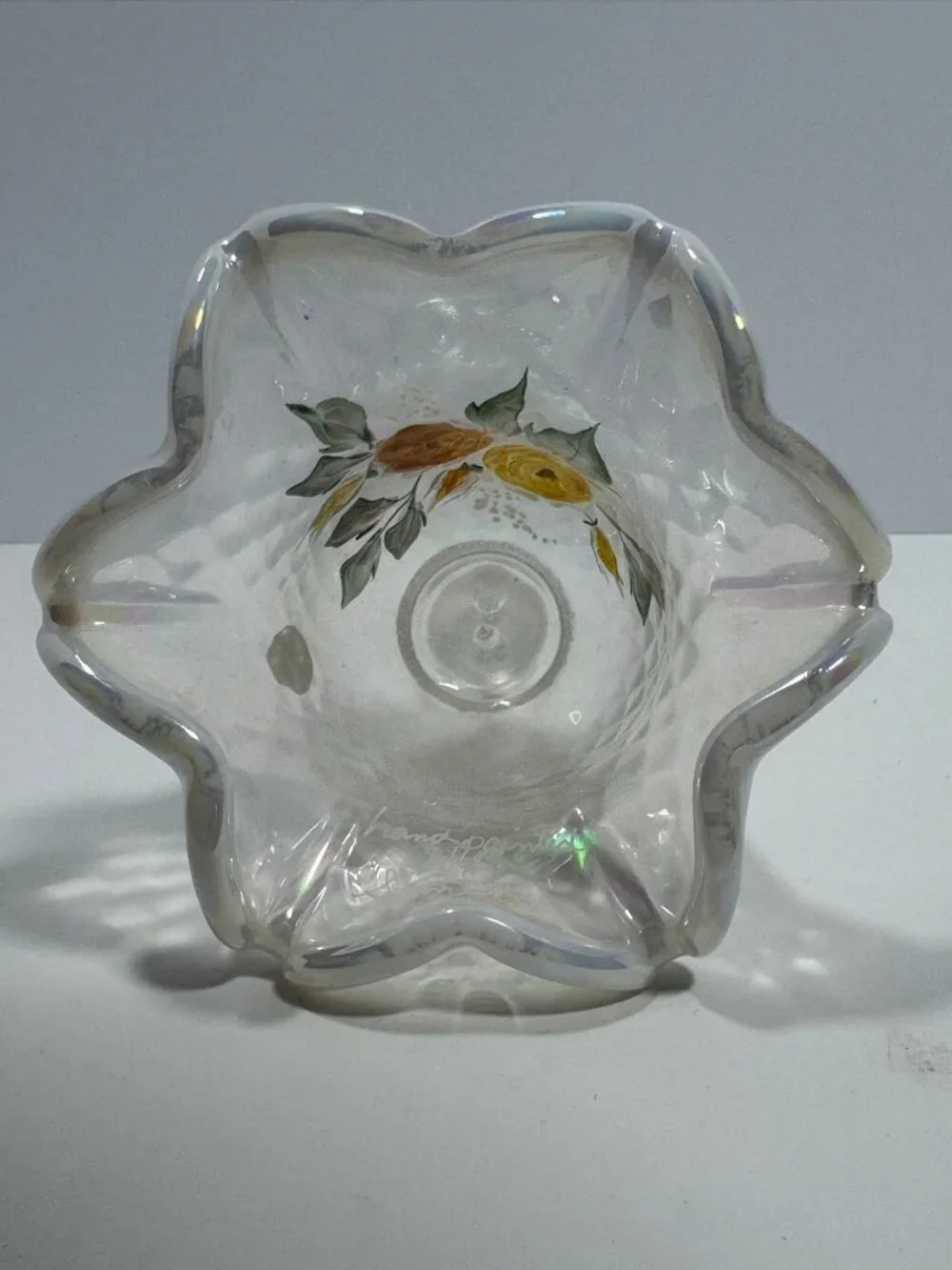 Fenton Vintage Iridescent Hand-Painted Glass Bell with Ruffled Edge